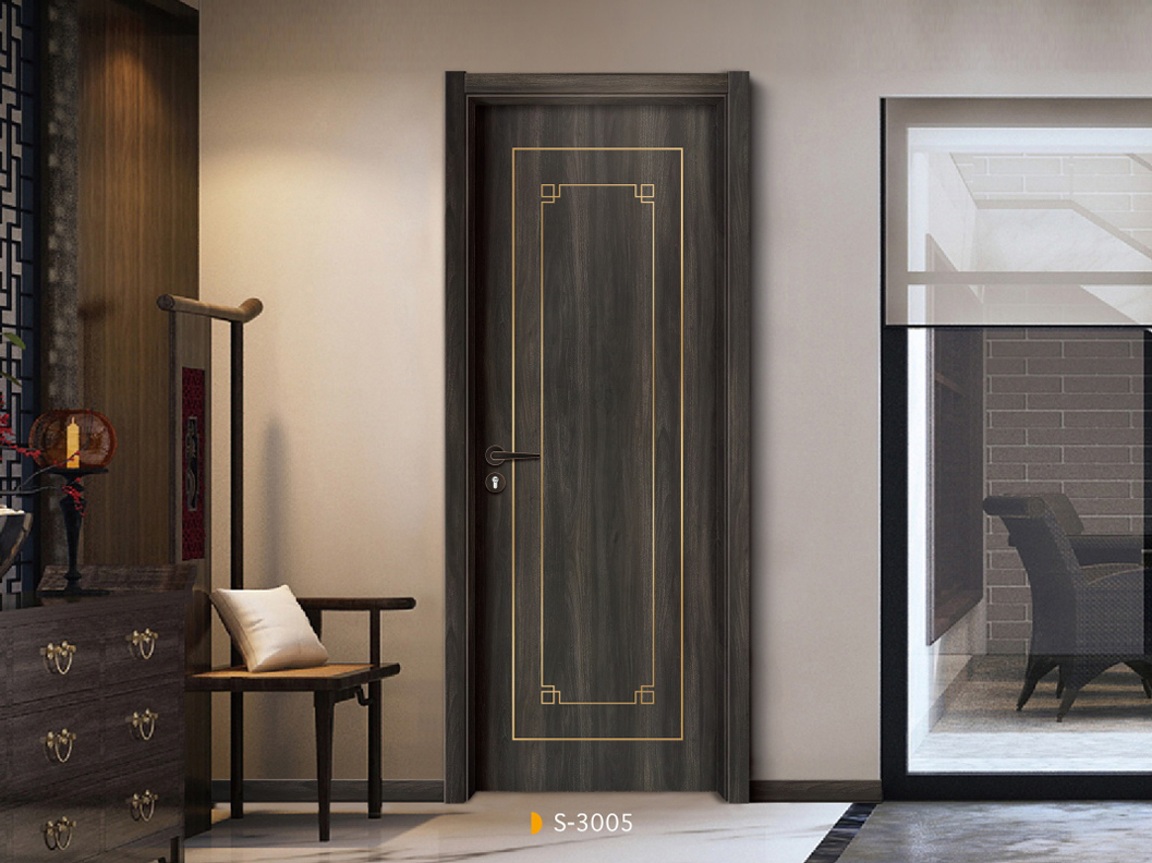 新款熱賣愉心S-3005鑲金屬條實木烤漆門
